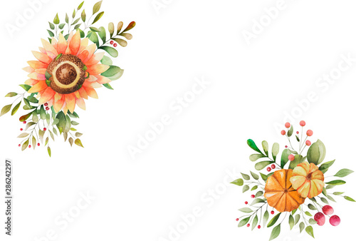 Fototapeta Naklejka Na Ścianę i Meble -  Watercolor autumn greeting card. Decorative elements with empty place. Hand drawn flowers, leaves and pumpkins on white background. 