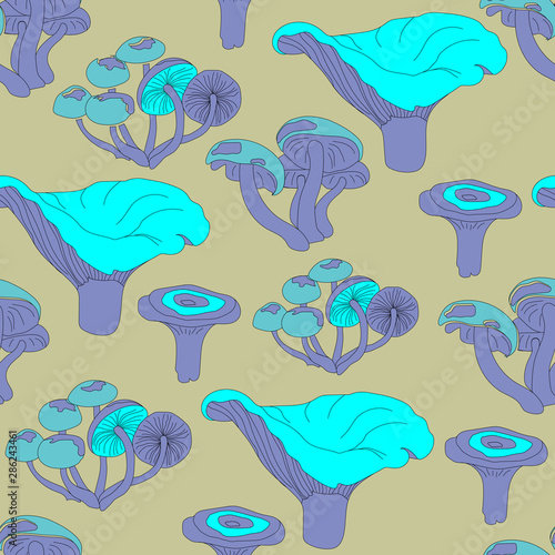 Seamless acidic background with forest mushrooms, toadstools. Hallucinogenic purple mushrooms on a beige background for printing, packaging, paper, textile design. Vector illustration