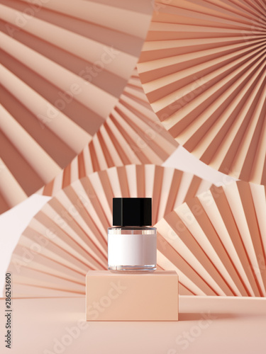 Abstract background for branding, identity and packaging presentation. Perfume on podium on nude color paper fan medallion background. 3d rendering illustration.