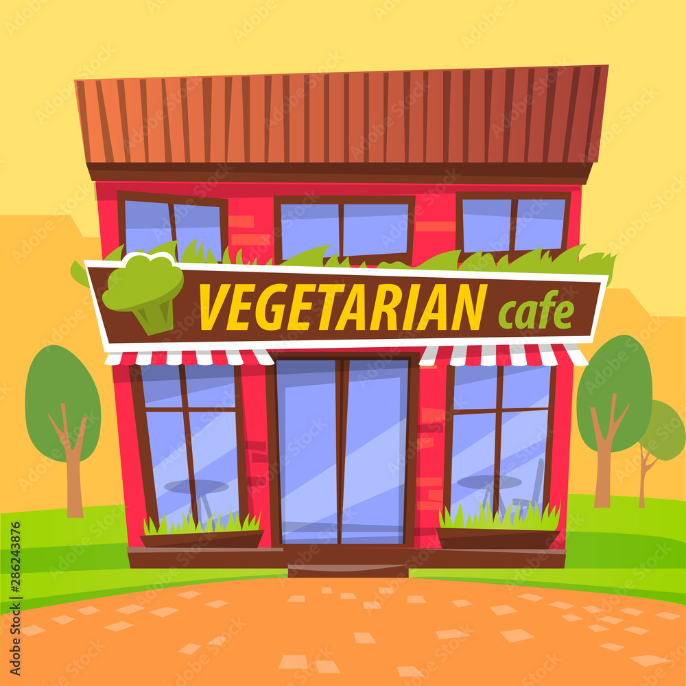 Vegetarian cafe business vector, place to buy and eat organic food and drinks. Vegan menu for people, building with broccoli logotype and wide windows. Flat cartoon Vegetarian cafe business vector, place to buy and eat organic food and drinks. Vegan menu for people, building with broccoli logotype and wide windows. Flat cartoon