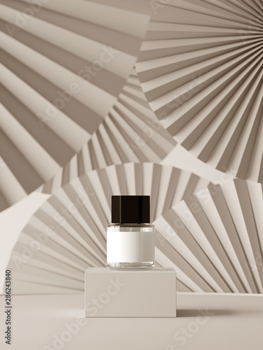 Abstract background for branding  identity and packaging presentation. Perfume on podium on white paper fan medallion background. 3d rendering illustration.
