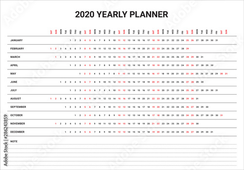 Year 2020 calendar vector design template