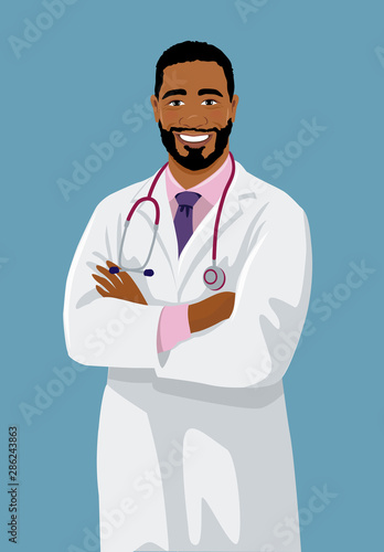 Smiling middle-aged doctor. Handsome African man with beard wearing a lab coat stands with crossed arms. Vector illustration