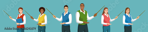 People of different ethnicity with a pointer. European, Asian, African American women and men point to something. Education concept. Vector illustration set.