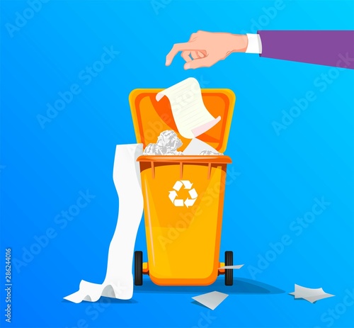 Men throw paper trash in trash cans, recycle icon, flat design. Vector illustration.