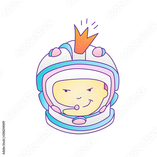 Astronaut, cosmonaut princess girl in space cosmos helmet with royal crown. Cute cartoon vector illustration of rebel brave girl, space adventure, princess girl power concept. Feminist princess girl