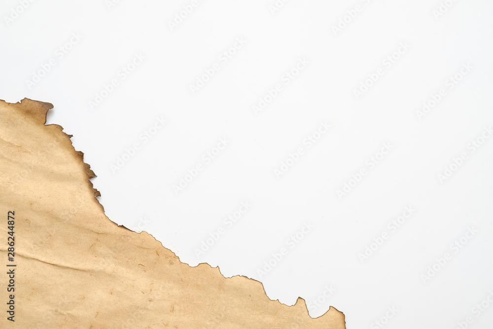 Cropped shot of aged effect beige paper piece with burnt edge on white background. Copy space. Cropped shot of aged effect beige paper piece with burnt edge on white background. Copy space.