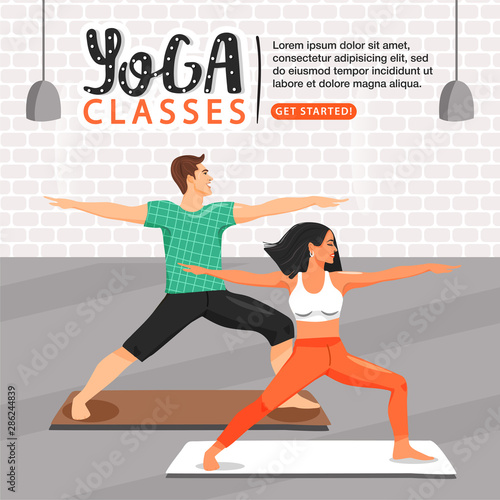 Healthy lifestyle and yoga concept. Sporty couple practicing yoga. People doing virabhadrasana warrior yoga pose. Fitness class. Banner design template. Cartoon vector illustration.