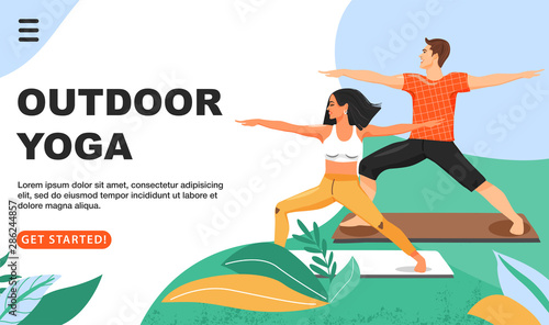 Healthy lifestyle and yoga concept. Sporty couple practicing yoga. People doing virabhadrasana warrior yoga pose. Website landing page design template. Cartoon vector illustration.