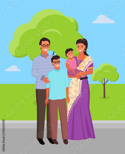 Man and woman in park vector, indian family wearing traditional clothes. Posing parents and kids, father and mother with kiddo on hands, trees and paths. Flat cartoon