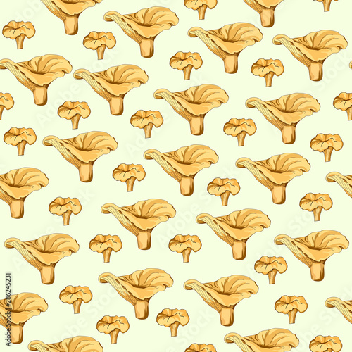 Seamless forest background with chanterelles. Yellow mushrooms on a gentle background for printing, wrapping, paper, textile design. Vector illustration