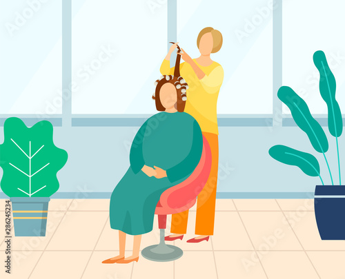 Professional hairdresser making hairstyle for female client in beauty salon. Stylist curling hair with hot rollers. Customer gets a haircut. Set of curlers. Flat cartoon