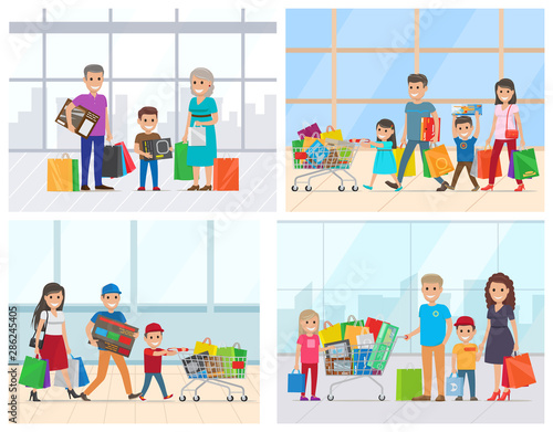 Man and woman going with package in truck, shopping day. Parents and children holding colorful box and bag, smiling shoppers in supermarket vector, family shopping. Flat cartoon
