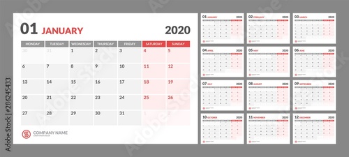 Wall calendar for 2020 year in clean minimal style. Week Starts on Monday. Set of 12 Months.