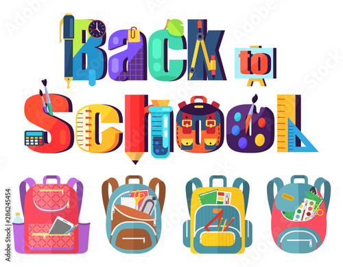Colored school backpack. Education and study back to school, schoolbag luggage, rucksack vector illustration. Kids school bag with education equipment. Backpacks with study supplies. Student satchels