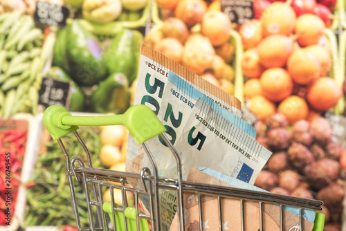 Einkaufswagen, Euro Geldscheine und Lebensmittel photo