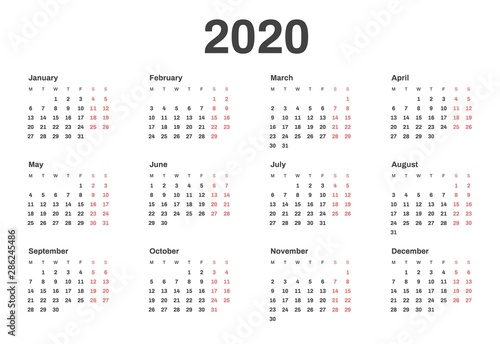Calendar for 2020 year in clean minimal style. Week Starts on Monday.