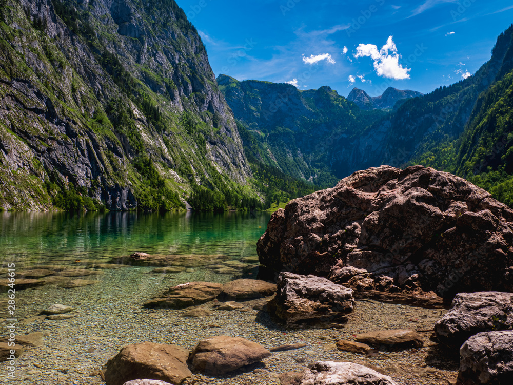The Obersee which is behind the Königssee as a quite place for hiking and relaxing and to enjoy nature in Germany 