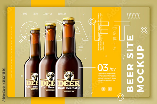 Vector realistic 3d dark beer bottles on bright modern site template with typographic background. Mock-up for product package branding.