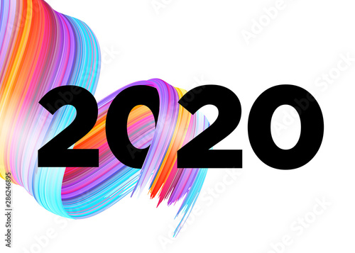 2020 Happy New Year Background Design. Vector Lettering with Abstract Gradient Brushstroke. Colorful Illustration for Calendar, Poster, Greeting Card. Christmas Celebration. Acrylic Paint Xmas Design.