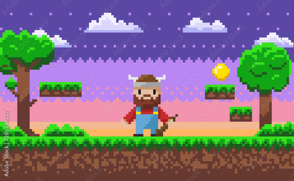Viking wearing horned hat vector, 8 bit pixel game scene with heroic male character pixelated personage with weapon ready to fight, trees and grass clouds. Game landscape