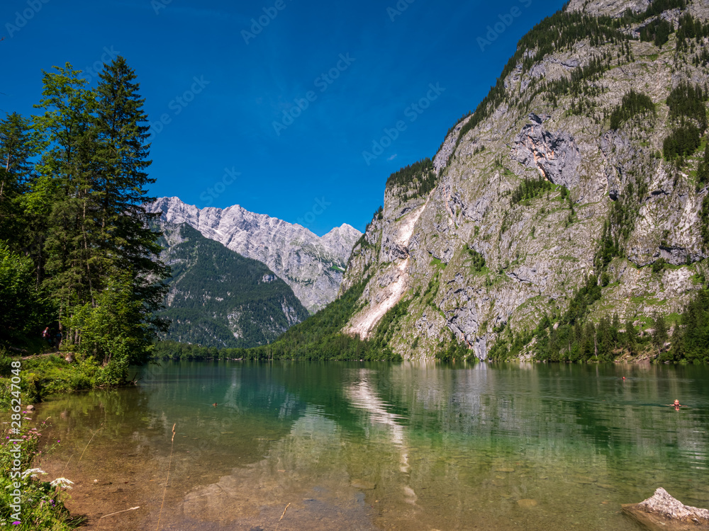 The Obersee which is behind the Königssee as a quite place for hiking and relaxing and to enjoy nature in Germany 