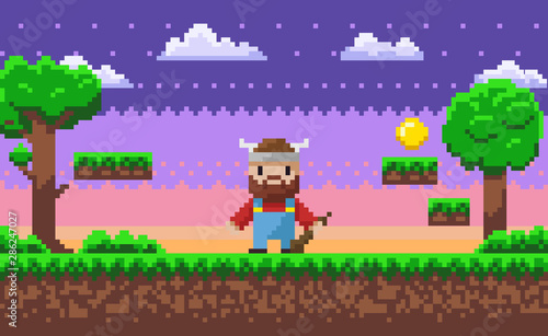 Fototapeta Naklejka Na Ścianę i Meble -  Viking wearing horned hat vector, 8 bit pixel game scene with heroic male character pixelated personage with weapon ready to fight, trees and grass clouds. Game landscape