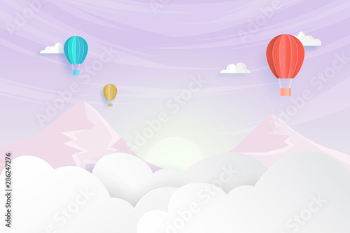 Colorful hot air balloons floating on beautiful sky with clouds and mountains background paper art style.Vector illustration.