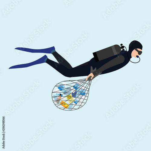 Diver cleaning plastic trash from ocean isolated on blue background.