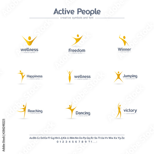 Active people creative symbols set, font concept. Winner, happy human, freedom abstract business logo. Dancing man, wellness, sport icon. Corporate identity alphabet, logotype, company graphic design