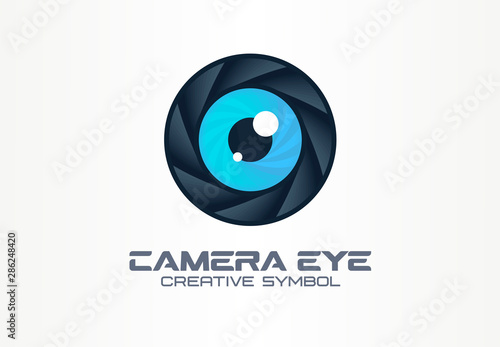 Photo camera eye, digital vision creative symbol concept. Cctv, video monitoring abstract business logo idea. Diaphragm, shutter lens icon. Corporate identity logotype, company graphic design tamplate