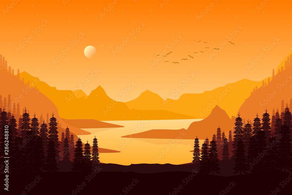Pine forest landscape in evening sunset with mountain sky illustration