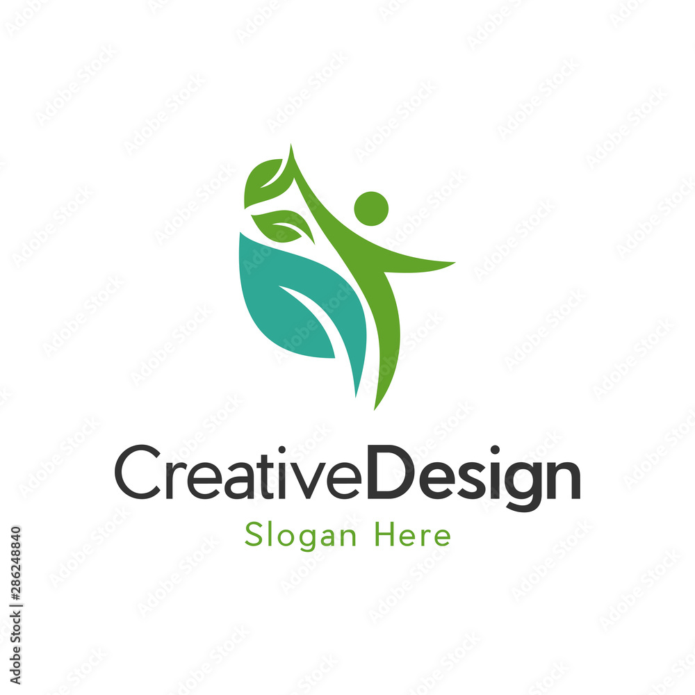 Fototapeta premium Healthy - vector logo template illustration. Man figure on leaves. Ecological and biological product concept sign. 