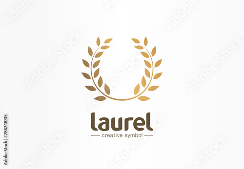 Golden laurel wreath creative symbol concept. Award, win, winner, success abstract business logo idea. Trophy, branch, leaf border icon. Corporate identity logotype, company graphic design tamplate