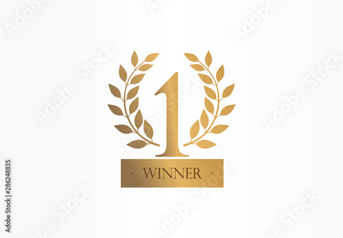 First place, number one, golden laurel wreath creative symbol concept. Trophy, cup abstract business logo idea. Award, win, winner icon. Corporate identity logotype, company graphic design tamplate