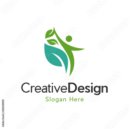 Healthy - vector logo template illustration. Man figure on leaves. Ecological and biological product concept sign. 