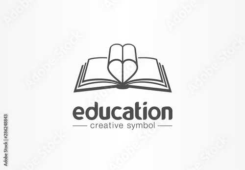 Education, open book with heart shape creative symbol concept. Novel, love story, affair abstract business logo idea. Learn, read icon. Corporate identity logotype, company graphic design tamplate