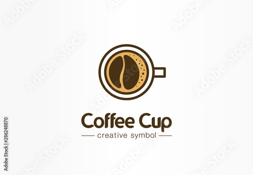 Coffee cup top view with bean shape foam creative symbol concept. Cafe menu, restaurant abstract business logo idea. Fresh espresso icon. Corporate identity logotype, company graphic design tamplate