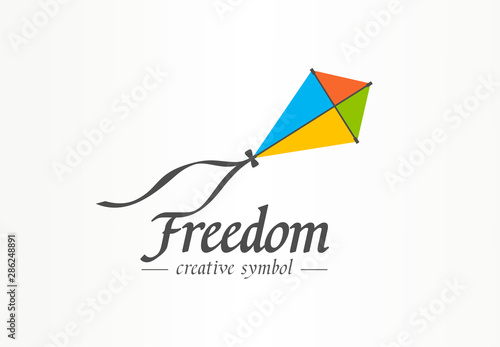 Freedom creative symbol concept. Color kite flight in sky, progress abstract business logo idea. Happy childhood, kids toy icon. Corporate identity logotype, company graphic design tamplate