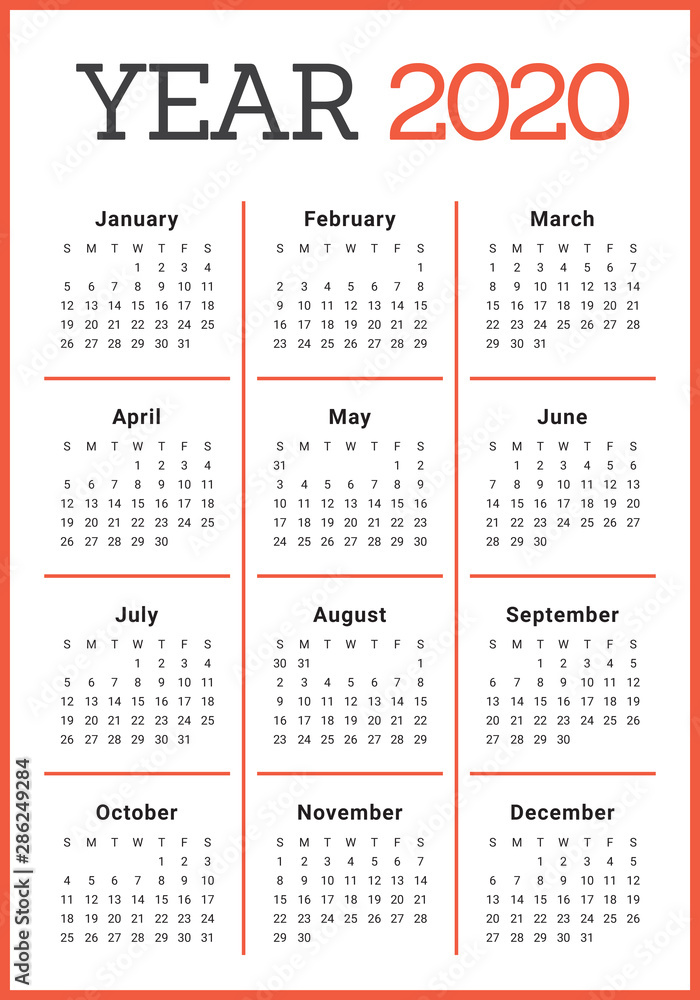 Year 2020 calendar vector design template Year 2020 calendar vector design template