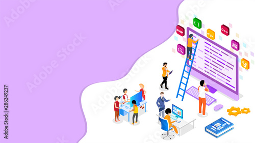 Workspace of web developer, miniature people fixing the problem with different programming languages signs for Teamwork or Web Development concept based isometric design.