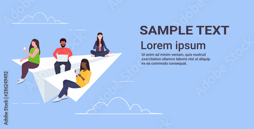 people flying on paper airplane mix race men women using gadgets traveling together digital addiction web surfing concept horizontal flat copy space