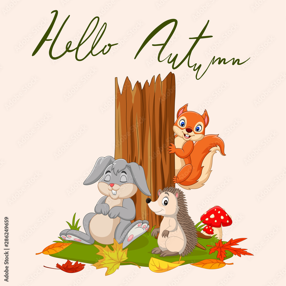 Fototapeta premium Hello autumn background with wild animals