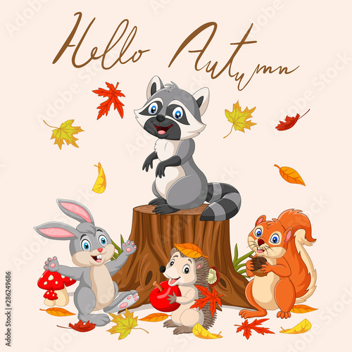 Hello autumn background with wild animals