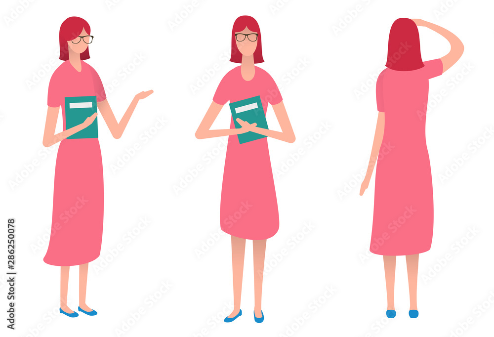 Colorful cartoon business woman, teacher or manager in casual clothes isolated on white background. Front, half side, back view. Modern flat vector illustration.