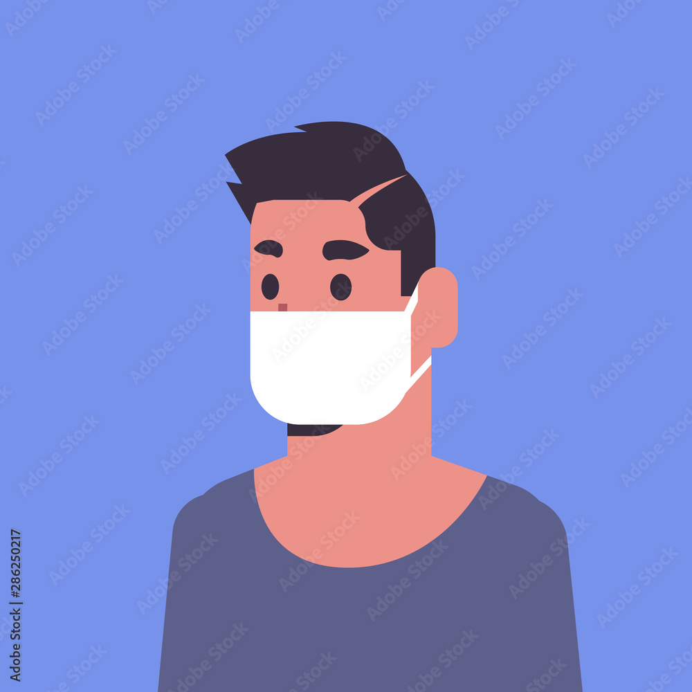 man wearing face mask environmental industrial smog dust toxic air pollution and virus protection concept male cartoon character portrait flat