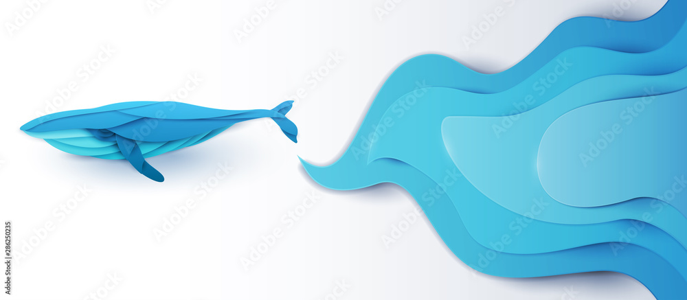 Cartoon humpback whale with blue waves isolated on white background in trendy paper cut craft graphic style. Vector illustration.