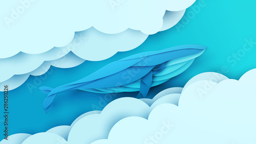 Cartoon humpback whale flying in sky with clouds. Trendy paper cut craft graphic style. Vector illustration.