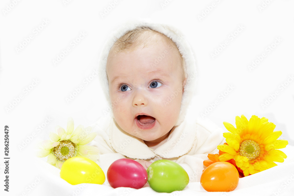 newborn european baby girl wit easter eggs ears 3 months old newborn european baby girl wit easter eggs ears 3 months old