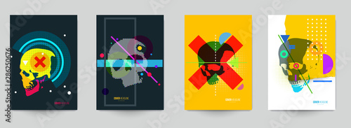 Set of creative concept with human skull head in fashion pop art style. Template background for covers, invitations, posters, banners, flyers, placards, tattoo. Colorful vector illustration.